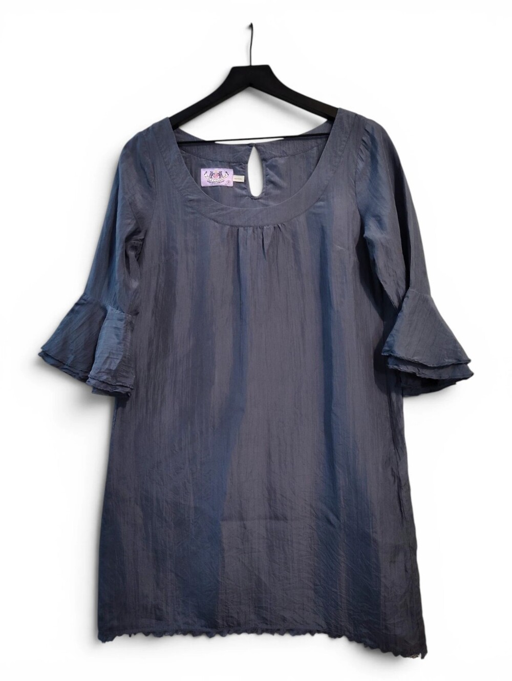 Juicy Couture 100% Silk Blue-Grey Tunic Ruffle Sleeve Womens Size 8